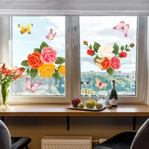 Detail view of colorful floral and butterfly window static clings, perfect for glass decor.