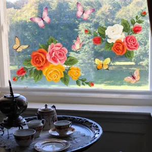 Colorful floral and butterfly static window stickers for glass showcase removable decals
