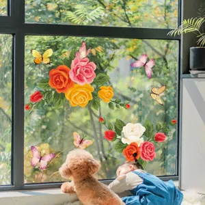 Colorful floral and butterfly static glass window stickers, double-sided removable decals.