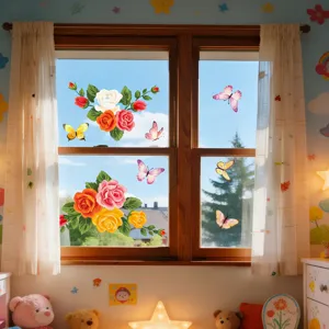Colorful floral and butterfly static window stickers, double-sided removable glass decor.