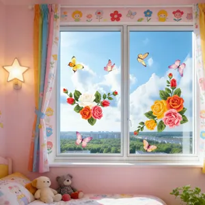 Colorful floral and butterfly electrostatic glass window stickers, double-sided visible decor.