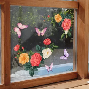 Details of colorful floral and butterfly static window stickers, removable glass showcase decals.
