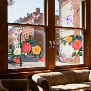 Colorful floral butterfly static window sticker, double sided glass cling for home decor.