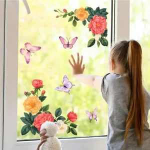 Colorful floral butterfly static window stickers, double-sided glass decals for home decor.