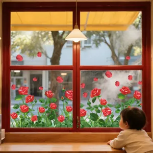 Glass window sticker scene detail showing red rose floral static cling for home decoration.