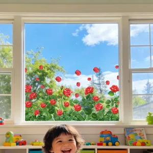 Detailed scene of red rose glass window stickers applied on a bright home window with cute kids.