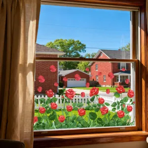 Static glass window sticker featuring beautiful red roses and floral design for home decor.