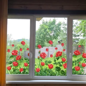 Close-up view of red rose and green leaves window static sticker, perfect for glass decoration.