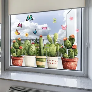 Watercolor cactus potted plants and colorful butterflies static glass window sticker detail.