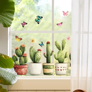 Detailed view of colorful potted cactus and butterfly static glass window stickers in room.