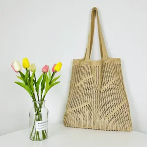 Women's Knitted Hollow Tote Bag Large Capacity Hand-Woven Polyester Shoulder Bag For Beach Travel Fashion Daily Handbag