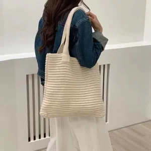 Borsa Tote in Maglia da Donna Grande Capacità Retro in Poliestere Intrecciato Borsa a Tracolla Casual Stile Ins per Uso Quotidiano