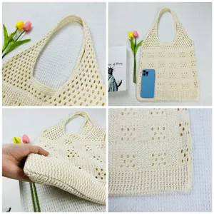 Beige gestrickte hohle Umhängetasche lässige Netz Strand Tote Tasche große Kapazität Handtasche