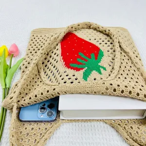 Süsser Erdbeer Strick Shopper, Häkel Strandtasche, lässige Stricktasche für den Alltag neu.