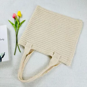 Borsa tote in maglia beige, borsa a tracolla casual di grande capacità, borsa morbida.