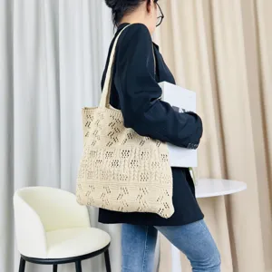 Beige, durchbrochen gestrickte Tote Bag, lässige gewebte Schultertasche für Damen, Strandstil.