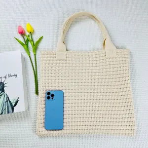 Borsa shopper in maglia beige borsa a tracolla casual grande capacità dettagli