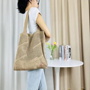 Knit tote bag for women, hollow out casual shoulder bag with large capacity, beige beach bag.