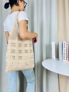Beige Häkelarbeit Ajour Schultertasche lässige Strandtasche große Kapazität stilvoll