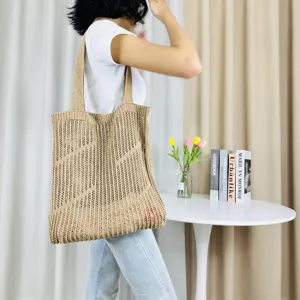 Knit tote bag, hollow out shoulder handbag, casual beach bag for women daily commute style.