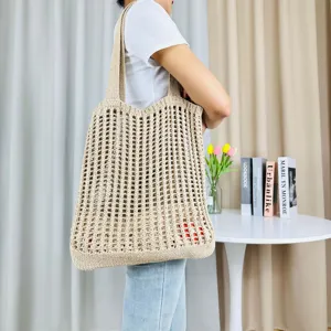 Beige gestrickte Schultertasche mit Lochmuster, lässige Netztasche für Damen Strand Alltag.