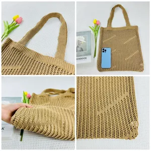 Hollow knit tote bag for women, large capacity beach shoulder bag, casual knitted handbag.