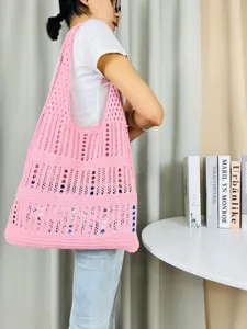 Rosa Strick Häkel Umhängetasche, ausgehöhlte Shopper Tasche, lässige Strandtasche für Damen.