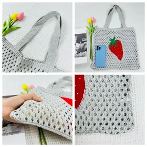 Graue Strick-Tasche mit rotem Erdbeer-Muster, gehäkelte Strandtasche Schultertasche für Damen.