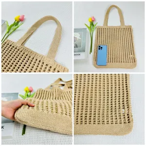 Beige Strick Mesh Tote Bag gehäkelte Schultertasche lässige Strandtasche für Damen Alltag.