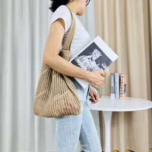 Casual beige knit tote bag, hollow out shoulder bag, large capacity daily beach bag.