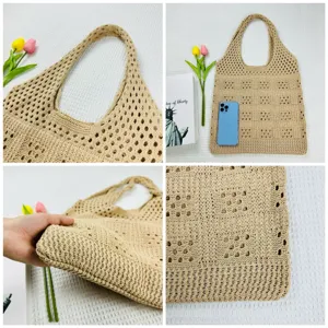 Beige Strick Tote Bag Häkel Umhängetasche lässige Strand Handtasche Lochmuster Großraum