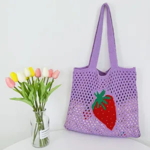 Süße Erdbeer Strick Tote Bag für Damen, gehäkelte Strandtasche, Freizeittasche Ästhetik.