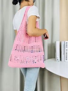 Rosa Strick-Umhängetasche mit Lochmuster, lässige Strandtasche mit grossem Stauraum für Alltag.