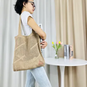 Woven knitted hollow tote bag, casual shoulder bag with large capacity for daily wear.