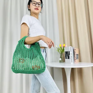 Sac cabas ajouré en tricot vert, sac de plage tissé décontracté, élégant sac à main.