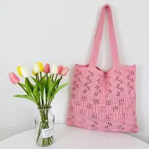 Rosa gestrickte Häkel Tote Bag lässige Strand Umhängetasche hohle Damen Handtasche chic