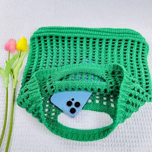 Sac cabas en filet tricoté vert sac à main de plage creux décontracté sac tissé été