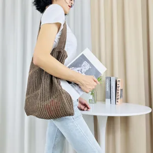 Stylish brown knitted hollow mesh shoulder bag, large capacity casual beach tote for women