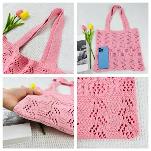 Rosa gestrickte Tote-Tasche für Damen, hohle Strand-Umhängetasche, lässige ästhetische Handtasche.