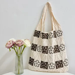 Knit tote bag for women, large capacity shoulder bag with cute brown flower pattern design.
