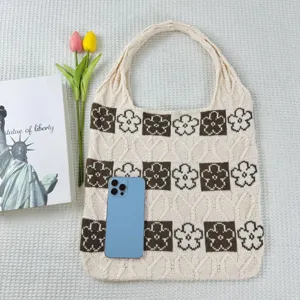 Knitted tote bag with brown floral pattern, large capacity casual shoulder bag for women.