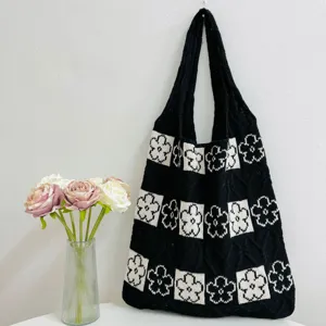 Black and white knitted floral tote bag, large capacity woven shoulder bag for women.