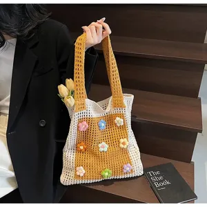 Häkel Strick Handtasche mit bunten Blumen, boho Stil große Kapazität Strand Tasche für Damen.