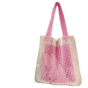 Gestreikte Strandtasche Damen Handtasche Häkeln Shopper Große Kapazität Hohl Schultertasche