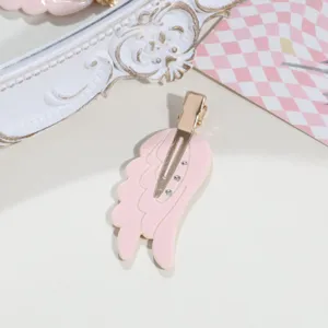 Sweet pink angel wing hair clip with sparkly rhinestones, cute side fringe duckbill hair accessory.
