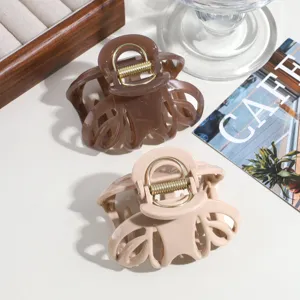 Minimalist solid color hollow hair claw clips, elegant brown and beige shark clips for thick hair.