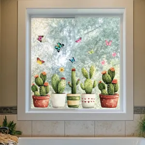 Detailed view of colorful potted cactus and butterfly static window stickers, glass decals for home.