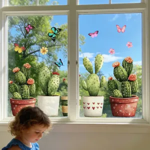 Decorative window stickers featuring colorful potted cacti and butterflies for glass surfaces.