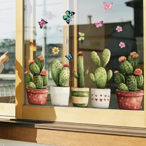 Static glass window sticker featuring colorful potted cacti and butterflies for home showcase decor.