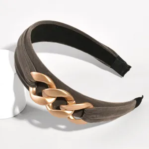 Detailansicht des dunkelgrauen Samthaarbandes mit klobigem goldfarbenem Ketten-Design.